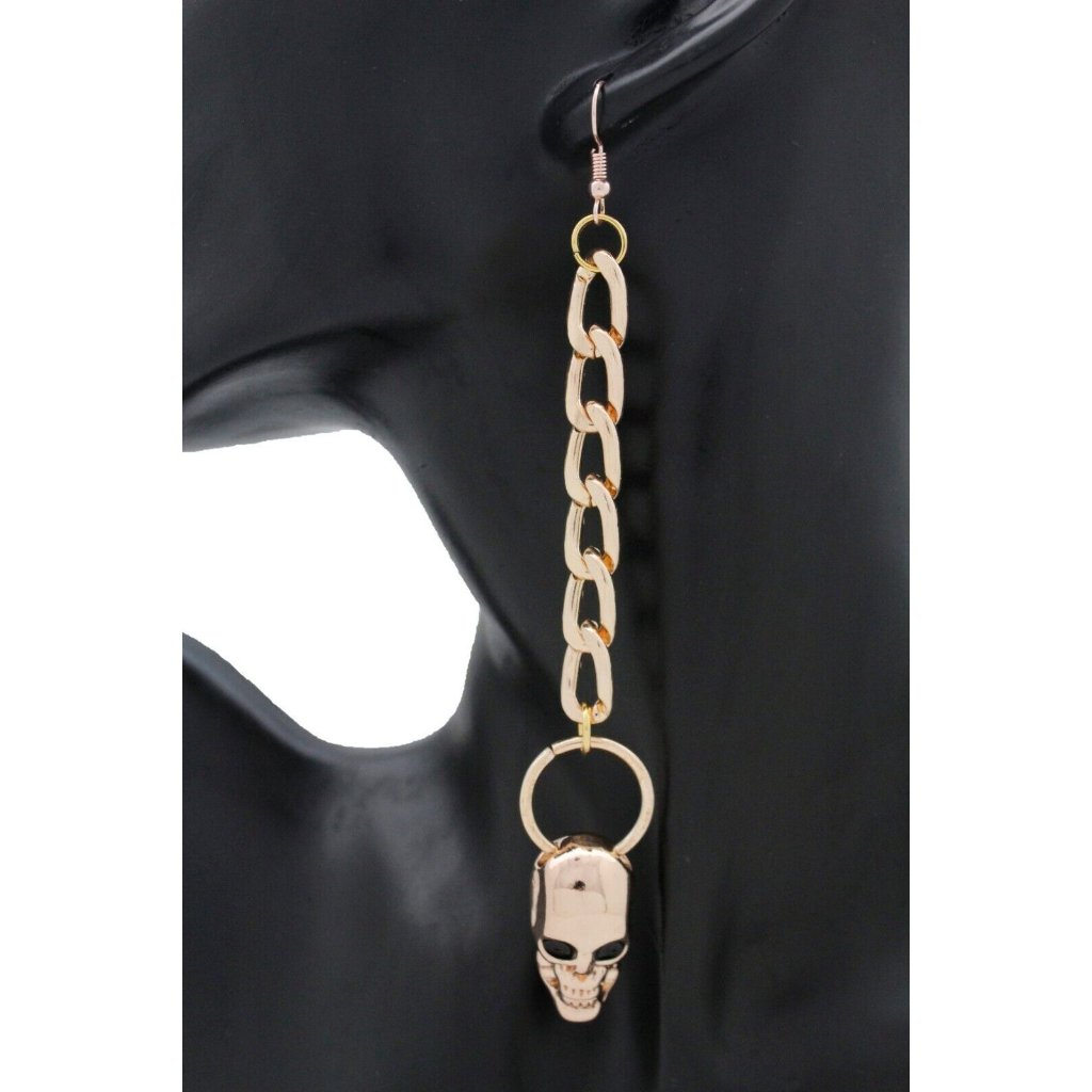 Women Gold Metal Chain Links Earring Set Hook Skeleton Skull Charm Rocker Gothic 20$